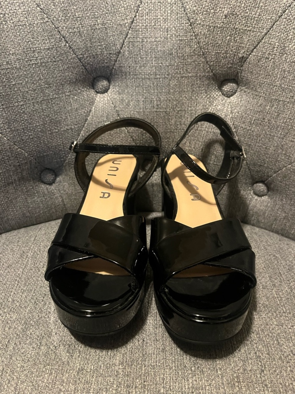 Unisa Black Platform Heels with Cross-Strap and Ankle Buckle
